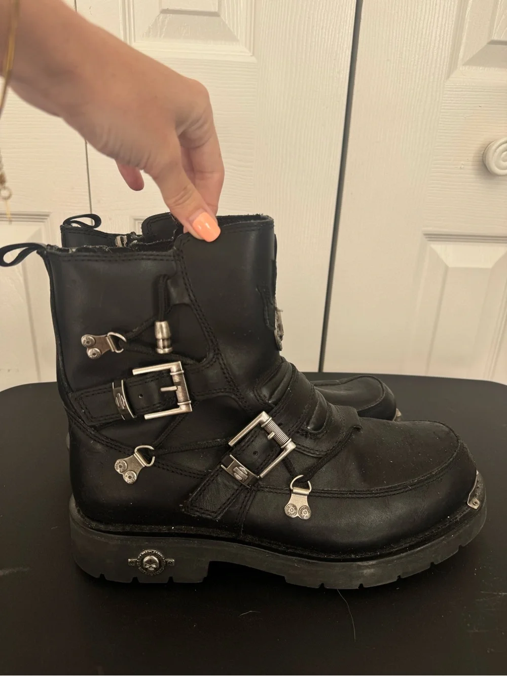 Harley-Davidson Black Leather Moto Boots with Silver Hardware